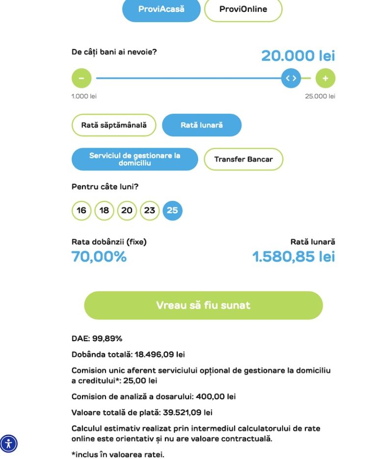 Cât este rata lunară la un împrumut Provident de 20.000 de lei?